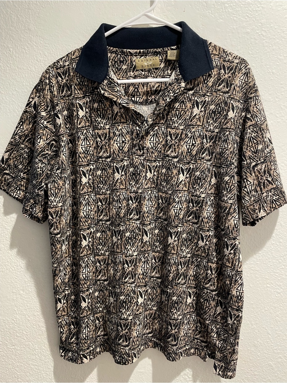 🔥 VTG 90s Natural Issue All-Over Print Geometric Knit Polo Shirt 🔥